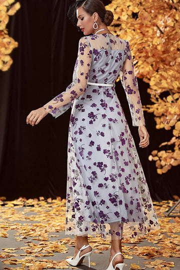 Sliver A Line Tea Length Mother of the Bride Dress with Long Sleeves